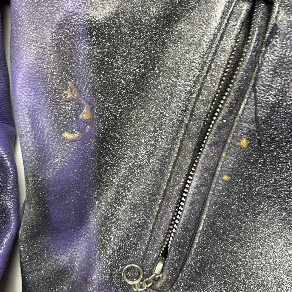 Vintage Leather Biker Jacket Mens XL Black Purple Fair Custom Spray Paint Punk